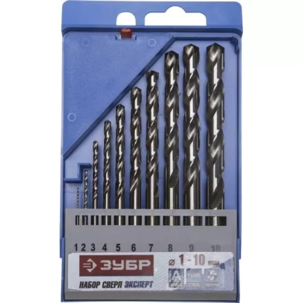 Набор ЗУБР &quot;ЭКСПЕРТ&quot;: Свёрла  по металлу, цилиндрический хвостовик, быстрорежущая сталь Р6М5, 1-10мм, 10шт 4-29625-H10 купить в Ижевске