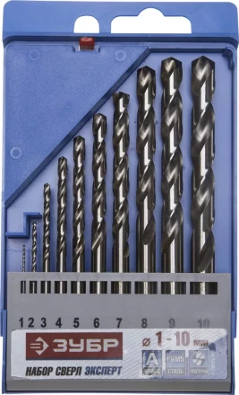 Набор ЗУБР &quot;ЭКСПЕРТ&quot;: Свёрла  по металлу, цилиндрический хвостовик, быстрорежущая сталь Р6М5, 1-10мм, 10шт 4-29625-H10 купить в Ижевске