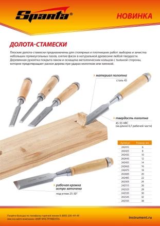 Долото-стамеска 24 мм, деревянная рукоятка Sparta 242505 купить в Ижевске