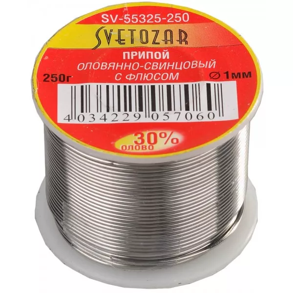 Припой СВЕТОЗАР оловянно-свинцовый, 30% Sn / 70% Pb, 250гр SV-55325-250 купить в Ижевске