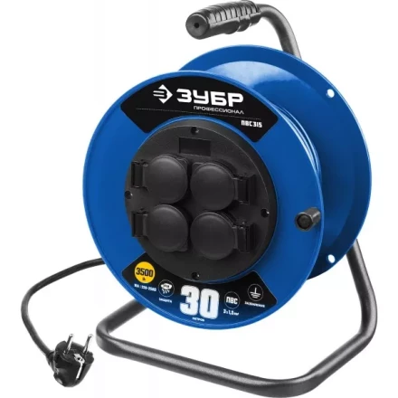 Удлинитель на катушке &quot;ПВС 315&quot;, 30 м, 3500 Вт, 4 гнезда, IP44, ПВС 3х1,5 кв мм, ЗУБР 55081-30 купить в Ижевске