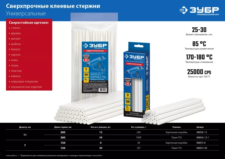 ЗУБР 7 х 150 мм, 30 шт, сверхпрочные прозрачные клеевые стержни, Профессионал (06855-30) купить в Ижевске