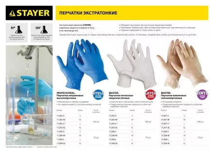 Перчатки STAYER &quot;MASTER&quot; латексные экстратонкие, размер M, упаковка 100шт 11205-M купить в Ижевске