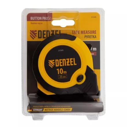 Рулетка Denzel 10м х 25мм, двухкомп. корпус, кнопка-пауза 31545 купить в Ижевске