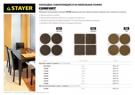 Накладки STAYER &quot;COMFORT&quot; на мебельные ножки, самоклеящиеся, фетровые, коричневые, квадратные - 25*25 мм, 4 шт 40912-25 купить в Ижевске