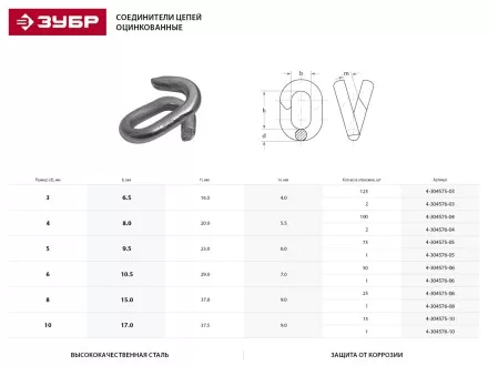 Соединитель цепей ЗУБР, оцинкованный, 6мм, 1 шт 4-304576-06 купить в Ижевске