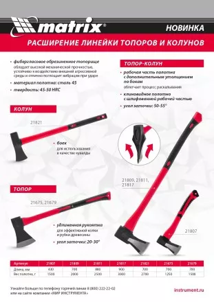 Топор-колун с клиновидным полотном 2500 г Matrix 21811, фибергласовое обрезиненное топорище 880 мм купить в Ижевске