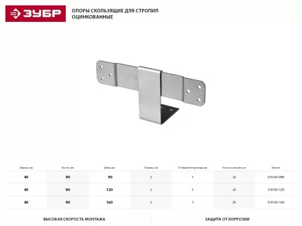 Опора ЗУБР &quot;МАСТЕР&quot; скользящая для стропил, 40х90х120мм, 20 шт 310165-120 купить в Ижевске