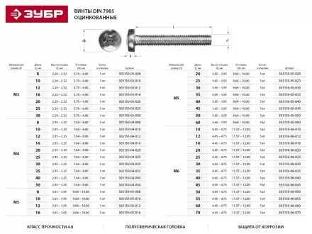 Винт ЗУБР &quot;МАСТЕР&quot; DIN 7985, класс прочности 4.8, оцинкованный, M5x60мм, 5кг 303150-05-060 купить в Ижевске
