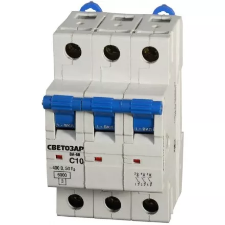 Выключатель автоматический СВЕТОЗАР 3-полюсный, 10 A, &quot;C&quot;, откл. сп. 6 кА, 400 В SV-49063-10-C купить в Ижевске