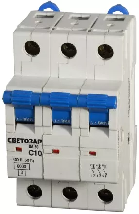 Выключатель автоматический СВЕТОЗАР 3-полюсный, 10 A, &quot;C&quot;, откл. сп. 6 кА, 400 В SV-49063-10-C купить в Ижевске