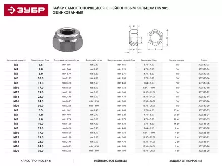 Гайка ЗУБР &quot;МАСТЕР&quot; DIN 985 самостопорящаяся, с нейлоновым кольцом, класс прочности 8, оцинкованная, M12, 5кг 303580-12 купить в Ижевске