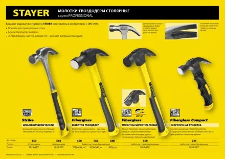 Молоток-гвоздодер &quot;Fiberglass&quot; с фиберглассовой рукояткой, 450 г, STAYER Professional 2026-450_z01 купить в Ижевске