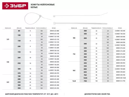 Хомуты ЗУБР нейлоновые белые 2,5x80мм, 100шт 309010-25-080 купить в Ижевске
