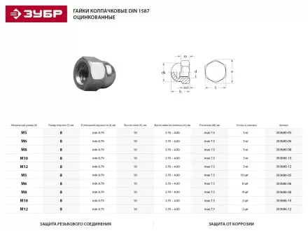 Гайка ЗУБР &quot;МАСТЕР&quot; колпачковая DIN 1587, оцинкованная,  M6, 5кг 303680-06 купить в Ижевске