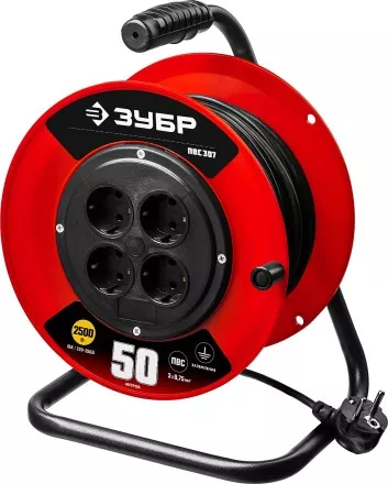 Удлинитель на катушке &quot;ПВС 307&quot;, 50 м, 2500 Вт, 4 гнезда, ПВС 3х0,75 кв мм, ЗУБР 55083-50 купить в Ижевске