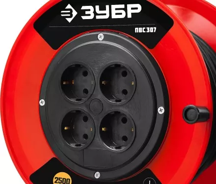 Удлинитель на катушке &quot;ПВС 307&quot;, 50 м, 2500 Вт, 4 гнезда, ПВС 3х0,75 кв мм, ЗУБР 55083-50 купить в Ижевске
