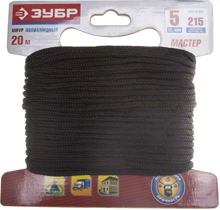 Шнур ЗУБР полиамидный, плетеный, повышенной нагрузки, без сердечника, черный, d 5, 20м 50321-05-020 купить в Ижевске