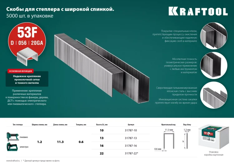 Скобы тип 20GA (53F / D / 056) 5000 шт 31787-13 купить в Ижевске