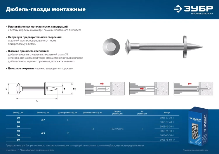 ЗУБР ДГМ, 60 x 4.5 мм, цинк, 1 кг, монтажный дюбель-гвоздь , Профессионал (3063-45-60-1) купить в Ижевске