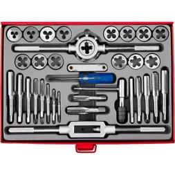 Набор ЗУБР "ЭКСПЕРТ" с металлореж. инструментом, метчики однопроходные и плашки М3-М12, оснастка-в метал. боксе, 35пред. 28117-H35