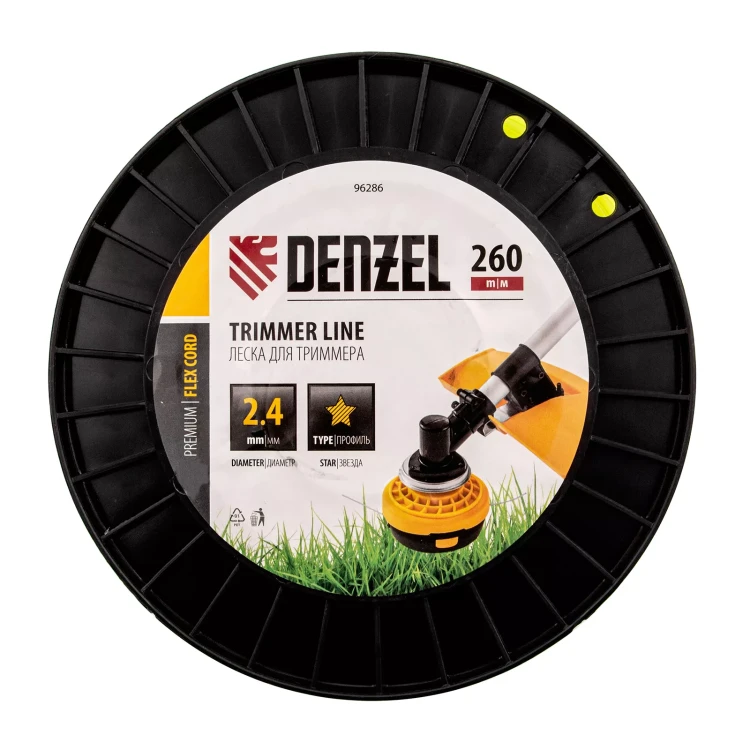 Леска для триммера звезда Denzel, 2,4мм х 260м, на DIN катушке FLEX CORD, 96286 купить в Ижевске