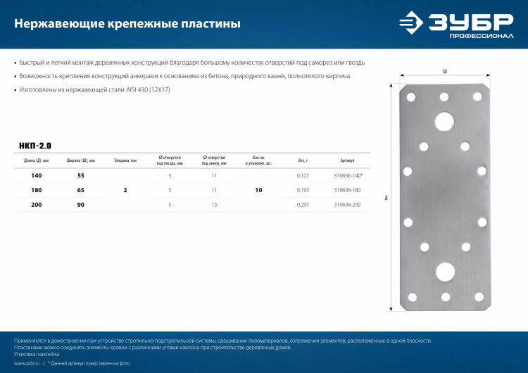 ЗУБР НКП-2.0, 180 x 65 x 2 мм, нержавеющая крепежная пластина, Профессионал (310636-180) купить в Ижевске
