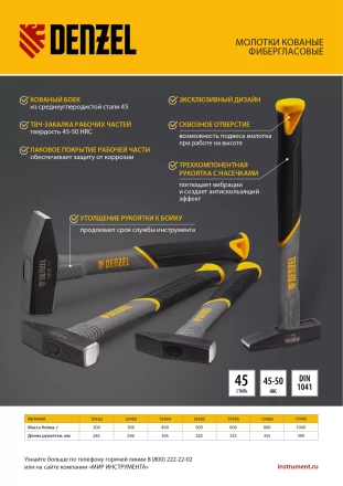 Молоток слесарный, 400 г Denzel, кованый, фибергласовая рукоятка c TPR покрытием 10484 купить в Ижевске