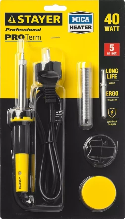 Набор для паяльных работ STAYER &quot;PROFI&quot; PROTerm, 55312-40-H5, паяльник 55300 + подставка + припой + жало сменное + канифоль, 40 Вт 55312-40-H5 купить в Ижевске