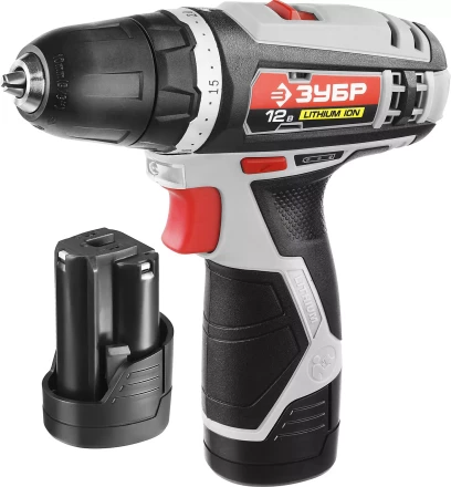 Дрель-шуруповерт ЗУБР &quot;МАСТЕР&quot;, Литий-ион, 2 скорости, реверс, 12В, 1.5 А/ч, 10 мм, 0-360 / 0-1400 об/мин, 2 АКБ, БЗУ, блокировка шпинделя ДА-12-2-Ли КНМ1 купить в Ижевске