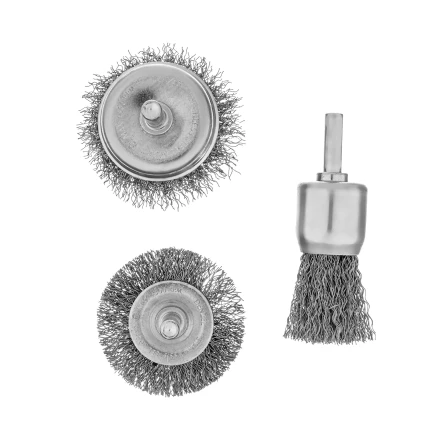 Набор щеток для дрели, 1 Плоская 50мм, 2 Чашки 25-50мм, шпилька, нерж. вит. проволока Denzel 74491 купить в Ижевске