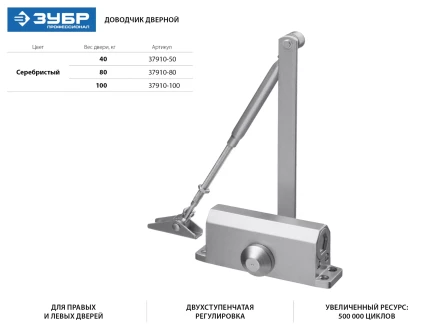 Доводчик дверной ЗУБР для дверей массой до 80 кг, цвет серебро 37910-80 купить в Ижевске