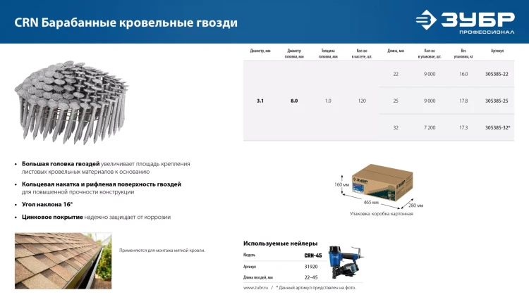 ЗУБР CRN 22 х 3.1 мм, барабанные гвозди кровельные оцинкованные, 9000 шт (305385-22) купить в Ижевске