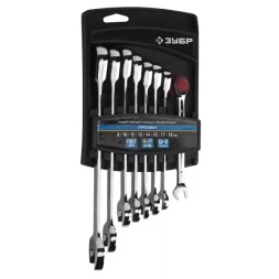 Набор ЗУБР "ПРОФИ": Ключ гаечный комбинированный трещоточный, Cr-V сталь, хромированный, 8-19мм, 8шт 27074-H8