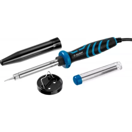 Паяльник ЗУБР &quot;ПРОФЕССИОНАЛ&quot; с двухкомпонентной рукояткой и защитным колпачком в наборе с припоем и подставкой, 40Вт, конус 55402-40_z01 купить в Ижевске