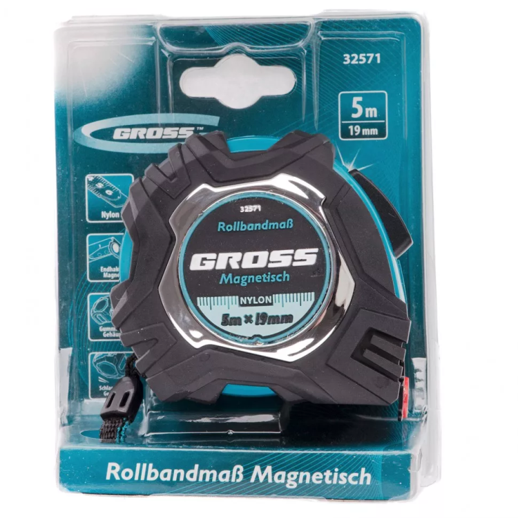 Рулетка Magnetisch 5 м х 19 мм обрезиненный корпус автоматическая фиксация Нейлоновое покрытиеытие зацеп с магнитом Gross 32571 купить в Ижевске
