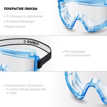 ЗУБР ПАНОРАМА Г, закрытого типа, стекло из ударопрочного поликарбоната, защитные очки с герметичной вентиляцией, Профессионал (110232) купить в Ижевске