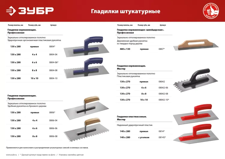 ЗУБР 130 х 270 мм, зуб 10 х 10 мм, штукатурная гладилка (08042-10) купить в Ижевске