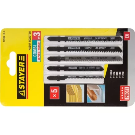 Набор STAYER &quot;PROFI&quot; Пилки &quot;УНИВЕРСАЛ №3&quot; для эл/лобзика, по дереву, мет. и пласт., EU-хвост., 5шт 15980-H5-3 купить в Ижевске