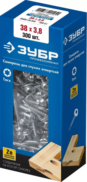 ЗУБР 38 х 3.8 мм, частая резьба, ТХ20, цинк, 300 шт, саморез для глухих отверстий, Профессионал (30082-38-038) купить в Ижевске
