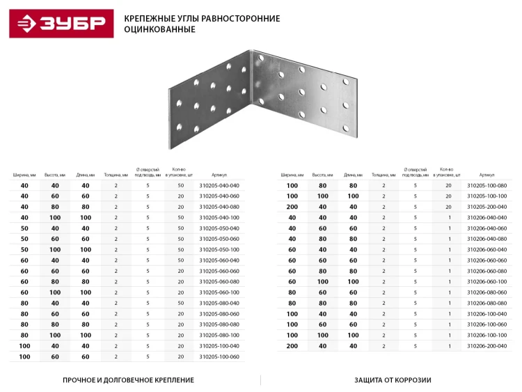 Крепежный угол ЗУБР "МАСТЕР" равносторонний, 100х60х60мм, 1шт 310206-100-060 купить в Ижевске