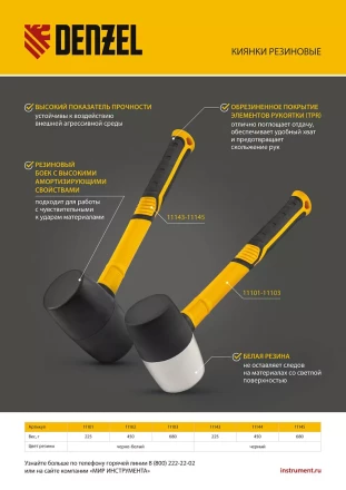 Киянка резиновая, 225 г, черно-белая, фибергласовая рукоятка c TPR покрытием Denzel 11101 купить в Ижевске