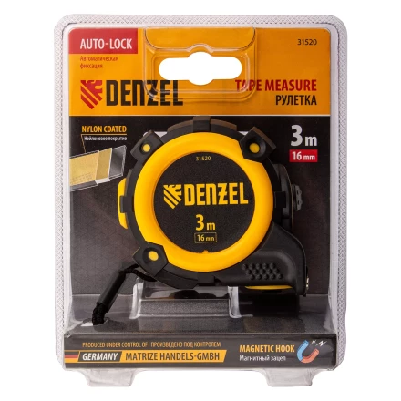 Рулетка Denzel 3м х 16мм, автоматич. фиксац., нейлон. покрытие, магнит. зацеп, двухстор. разметка, 31520 купить в Ижевске