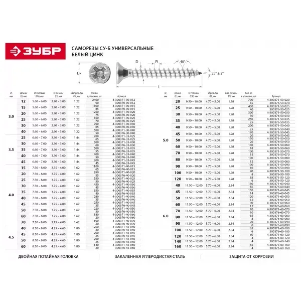 Саморезы по дереву, белый цинк, 5.0x20мм, 700шт, ЗУБР Мастер 4-300371-50-020 4-300371-50-020 купить в Ижевске