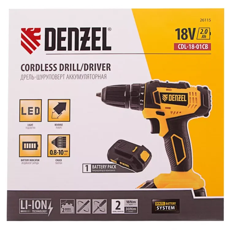 Дрель-шуруповерт аккумуляторная Denzel 26115, CDL-18-01CB, Li-Ion, 18 В, 1 аккумулятор купить в Ижевске