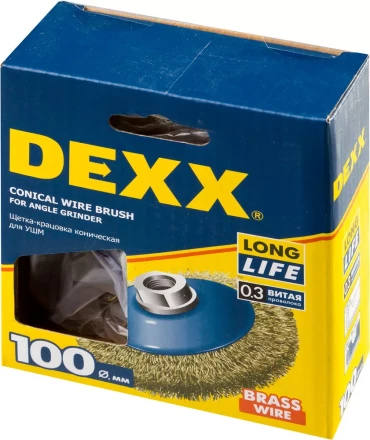 DEXX. Щетка коническая для УШМ, витая стальная латунированная проволока 0,3мм, 100ммхМ14 35105-100 купить в Ижевске