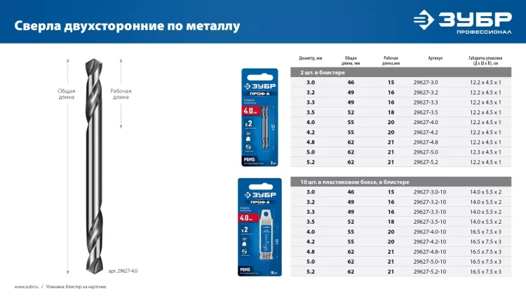 ЗУБР Профессионал 4.0х55мм, Сверло двухстороннее по металлу Проф-А, сталь Р6М5, класс А купить в Ижевске