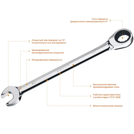 ЗУБР 27 мм, комбинированный трещоточный гаечный ключ, Профессионал (27074-27) купить в Ижевске