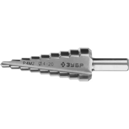 Сверло ЗУБР &quot;МАСТЕР&quot; ступенчатое по сталям и цвет.мет., быстрорежущая сталь, d=4-20мм, 9ступ.d=4-20, L-75 мм,трехгран. хвост. 8мм 29665-4-20-9 купить в Ижевске