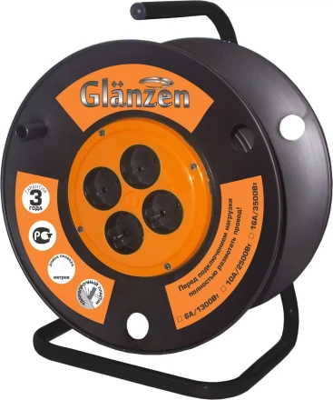 Катушка без провода GLANZEN 4 штепсельных гнезда с заземлением Ф210мм EK-00-210 купить в Ижевске